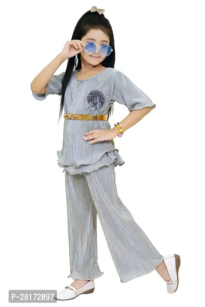 Stylish Grey Striped Top With Peplum Pant Clothing Set For Girls-thumb3