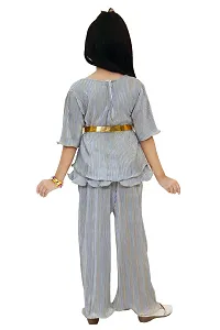 Stylish Grey Striped Top With Peplum Pant Clothing Set For Girls-thumb1