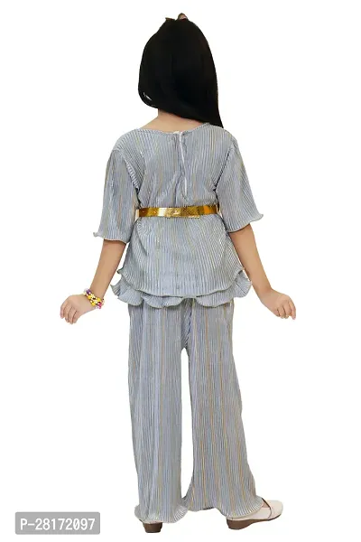 Stylish Grey Striped Top With Peplum Pant Clothing Set For Girls-thumb2