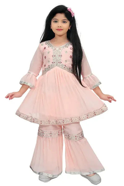 Girls' Embroidered Festive Sheer Palazzo Ensemble