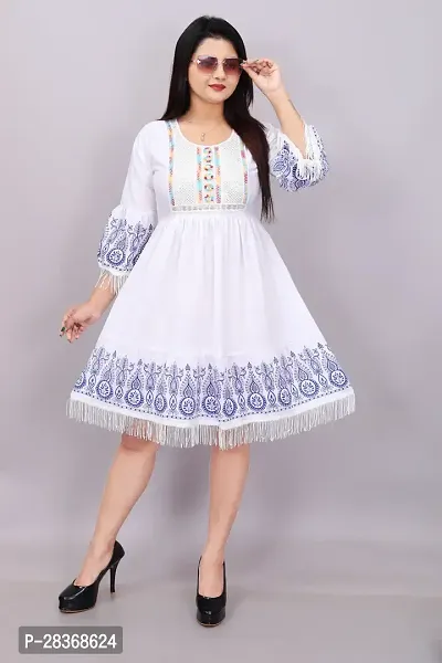 Women's White Crepe Boho Midi Dress with Fringe and Embroidery-thumb0