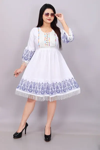 Women's White Crepe Boho Midi Dress with Fringe and Embroidery