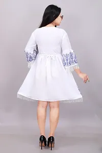 Women's White Crepe Boho Midi Dress with Fringe and Embroidery-thumb1