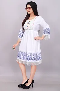 Women's White Crepe Boho Midi Dress with Fringe and Embroidery-thumb2