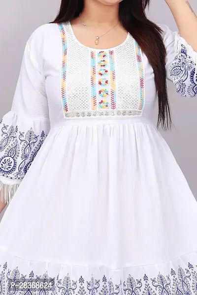 Women's White Crepe Boho Midi Dress with Fringe and Embroidery-thumb4