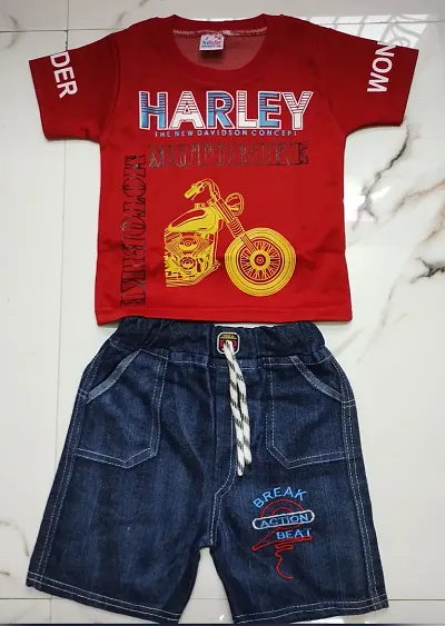 Trendy Cotton Blend Printed T-Shirts With Shorts For Boys