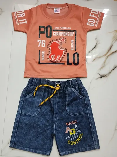 Trendy Cotton Blend Printed T-Shirts With Shorts For Boys