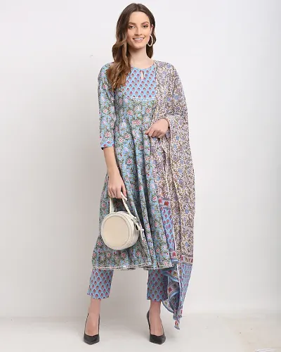 Stylish Cotton Straight Printed Kurtis with Bottom and Dupatta Set