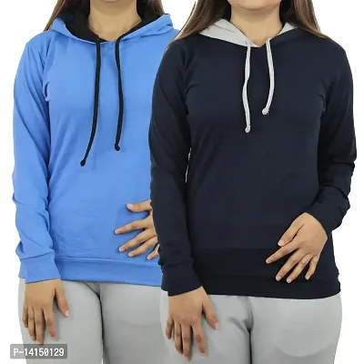 MYO Women's Full Sleeve Hooded Neck T Shirt Pack of 2 Sky-Navy