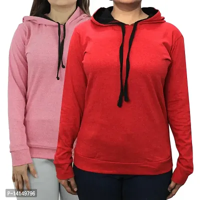 MYO Women's Full Sleeve Hooded Neck T Shirt Pack of 2 Pink-Red-thumb0