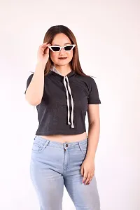 MYO Women's Solid Hooded Neck Half Sleeves Cotton Regular Fit Crop Tshirt-thumb3