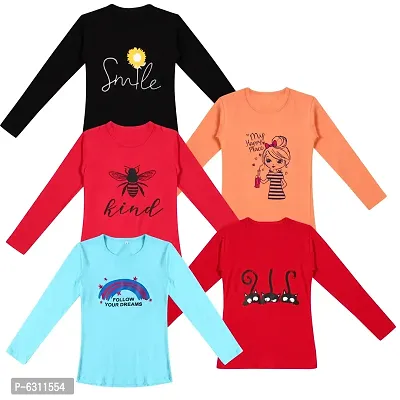Stylish Cotton Printed Full Sleeve T-shirt For Girls- Pack of 5