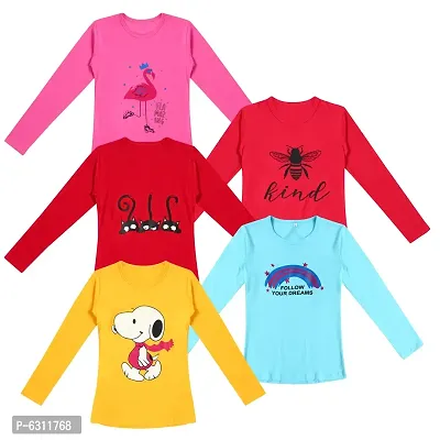 Stylish Cotton Printed Full Sleeve T-shirt For Girls- Pack of 5