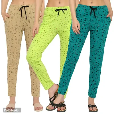 Women Regular Fit Printed Cotton Comfortable Night Track Pant Pack of 3