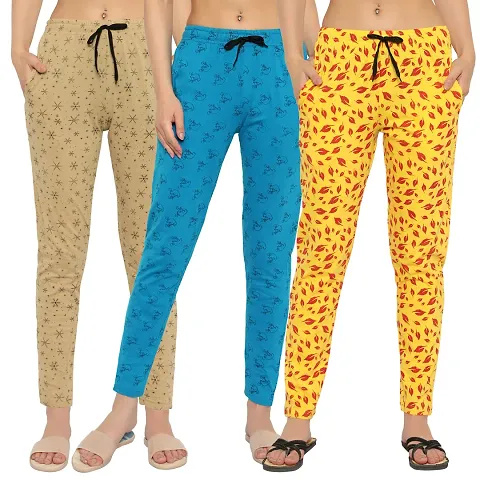 Women Regular Fit Printed Cotton Comfortable Night Track Pant Pack of 3,4