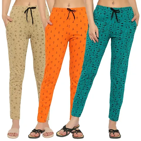 Women Regular Fit Printed Cotton Comfortable Night Track Pant Pack of 3,4