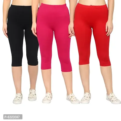 Buy Stylish Cotton Lycra Multicoloured Solid Mid-Rise 3/4 Capri For Women-  Pack of 3 Online In India At Discounted Prices