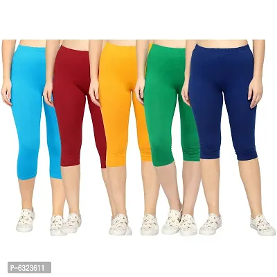 Stylish Cotton Lycra Multicoloured Solid Mid-Rise 3/4 Capri For Women- Pack of 5-thumb0