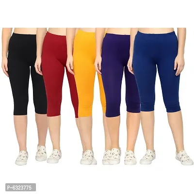 Stylish Cotton Lycra Multicoloured Solid Mid-Rise 3/4 Capri For Women- Pack of 5