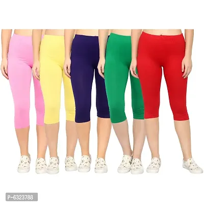 Stylish Cotton Lycra Multicoloured Solid Mid-Rise 3/4 Capri For Women- Pack of 5