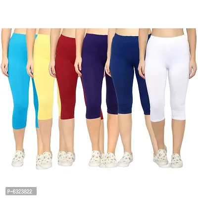 Stylish Cotton Lycra Multicoloured Solid Mid-Rise 3/4 Capri For Women- Pack of 6