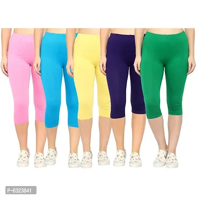 Stylish Cotton Lycra Multicoloured Solid Mid-Rise 3/4 Capri For Women- Pack of 5