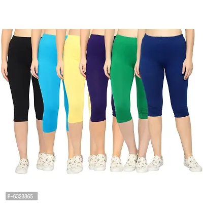 Stylish Cotton Lycra Multicoloured Solid Mid-Rise 3/4 Capri For Women- Pack of 6