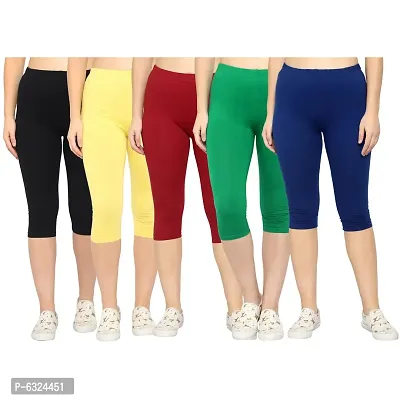 Stylish Cotton Lycra Multicoloured Solid Mid-Rise 3/4 Capri For Women- Pack of 5