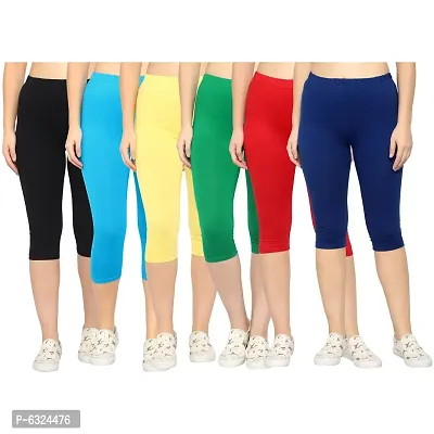 Stylish Cotton Lycra Multicoloured Solid Mid-Rise 3/4 Capri For Women- Pack of 6
