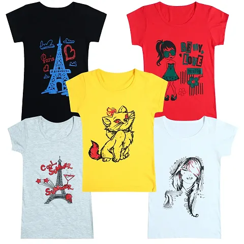 Kids Round Neck Printed T-shirt For Girls Pack of 5
