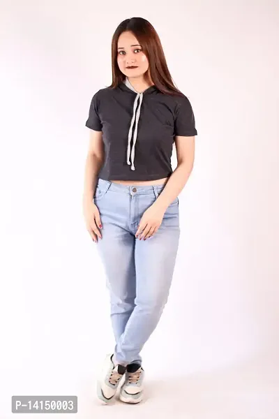 MYO Women's Solid Hooded Neck Half Sleeves Cotton Regular Fit Crop Tshirt-thumb5