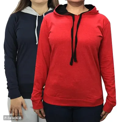 MYO Women's Full Sleeve Hooded Neck T Shirt Pack of 2 Navy-Red