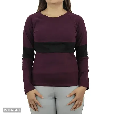 MYO Cotton Regular Fit Full Sleeve Striped T-Shirt for Women Wine