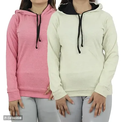 MYO Women's Full Sleeve Hooded Neck T Shirt Pack of 2 Pink-Cream