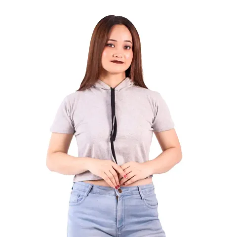 MYO Women's Solid Hooded Neck Half Sleeves Cotton Regular Fit Crop Tshirt