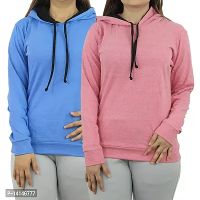 MYO Women's Full Sleeve Hooded Neck T Shirt Pack of 2 Sky-Pink