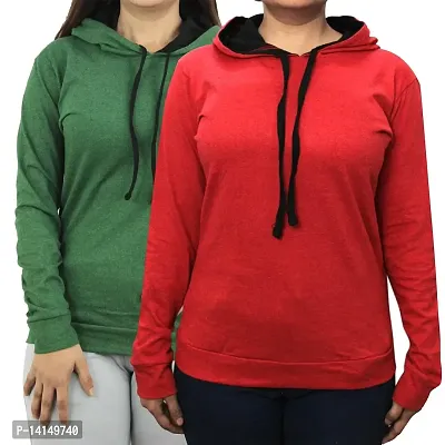 MYO Women's Full Sleeve Hooded Neck T Shirt Pack of 2 Olive-Red