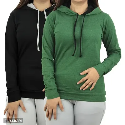 MYO Women's Full Sleeve Hooded Neck T Shirt Pack of 2 Black-Olive