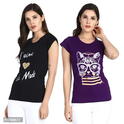 IRANA Women's Cotton Regular Printed Round Neck T-Shirt Combo Pack of 2 Sizes:-S,M,L,XL