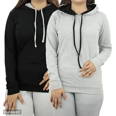 MYO Women's Full Sleeve Hooded Neck T Shirt Pack of 2 Black-Grey
