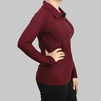 MYO Full Sleeves Solid Women's/Girls Polo Neck T-Shirt |1/4 Zip Dry-Fit T-Shirt Wine-thumb2