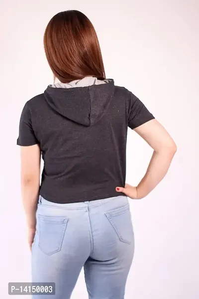 MYO Women's Solid Hooded Neck Half Sleeves Cotton Regular Fit Crop Tshirt-thumb2