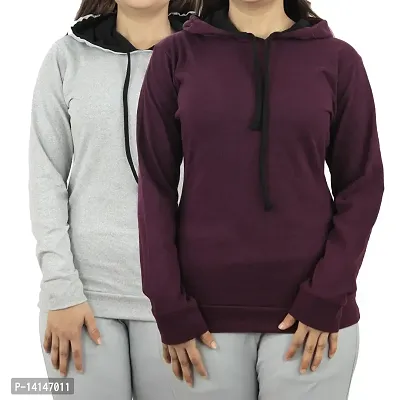 MYO Women's Full Sleeve Hooded Neck T Shirt Pack of 2 Grey-Wine