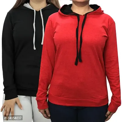 MYO Women's Full Sleeve Hooded Neck T Shirt Pack of 2 Black-Red