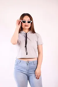 MYO Women's Solid Hooded Neck Half Sleeves Cotton Regular Fit Crop Tshirt-thumb3