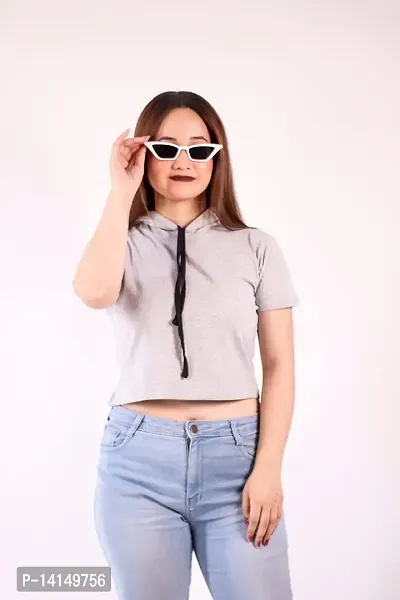 MYO Women's Solid Hooded Neck Half Sleeves Cotton Regular Fit Crop Tshirt-thumb4
