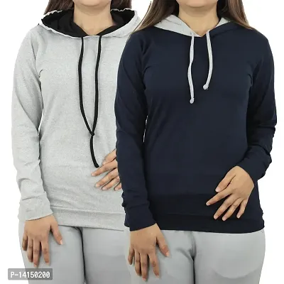 MYO Women's Full Sleeve Hooded Neck T Shirt Pack of 2 Grey-Navy