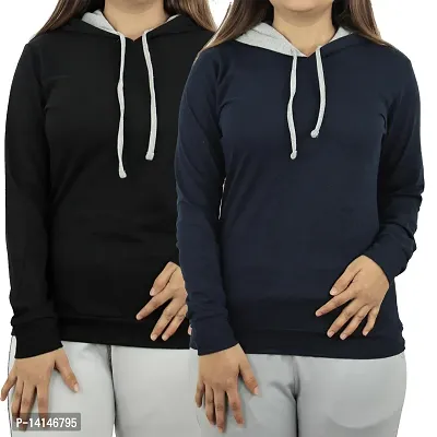 MYO Women's Full Sleeve Hooded Neck T Shirt Pack of 2 Black-Navy