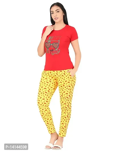 MYO Women's Printed Cotton Night Suit Set/Pyjama Set/Sleepwear/Nightwear/Nightdress/Loungewear Red-Yellow