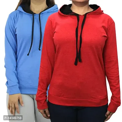 MYO Women's Full Sleeve Hooded Neck T Shirt Pack of 2 Sky-Red